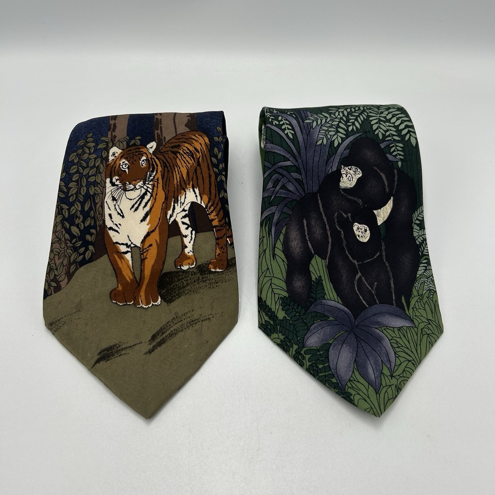 VTG 90s WWF World Wildlife Fund Silk Tie Animal Print Gorilla Tiger Lot of 2 USA
